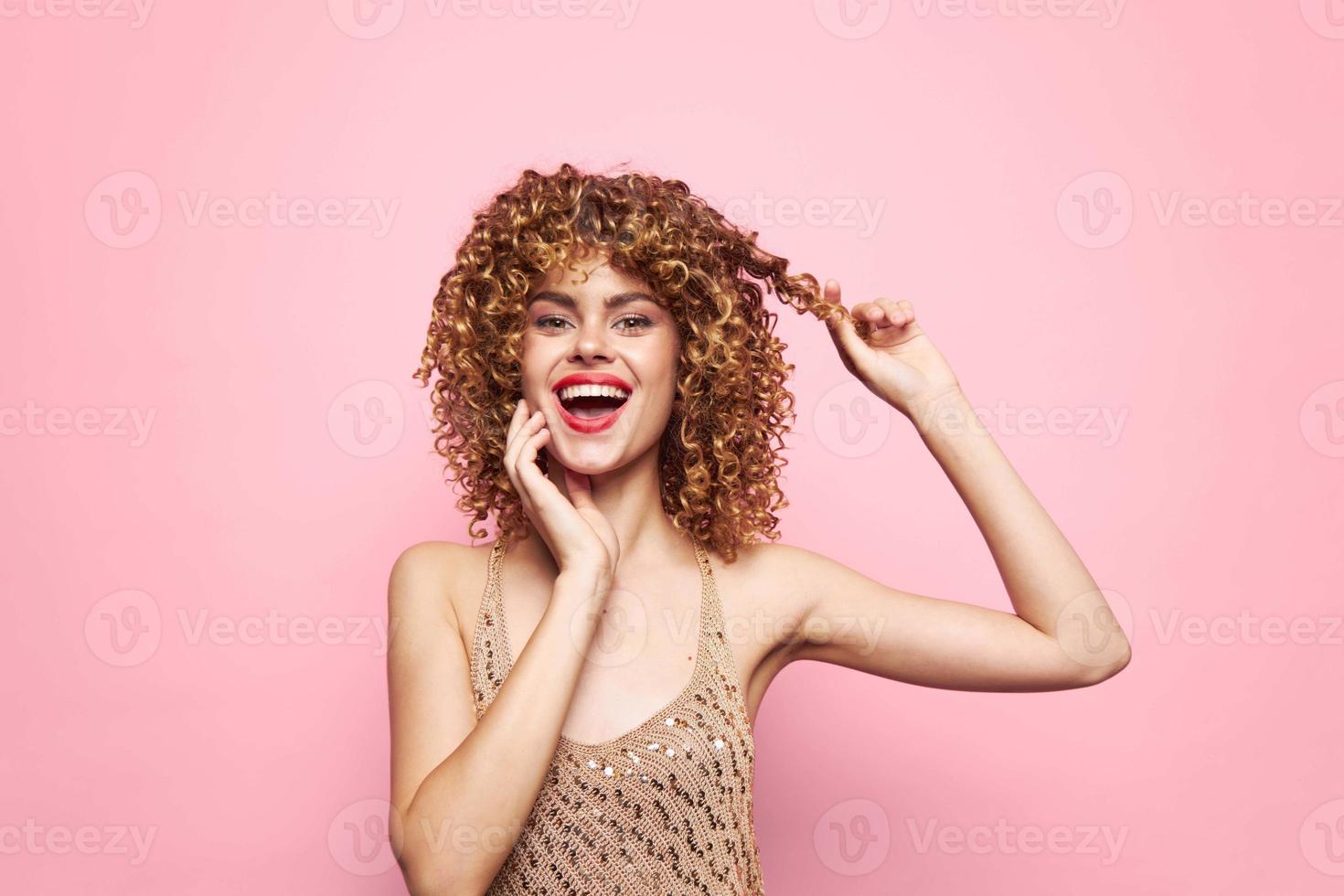 Sexy model curly hair happy face smile bright makeup background photo