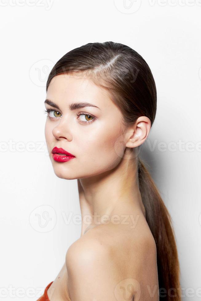 woman with red lips naked shoulders attractive look photo