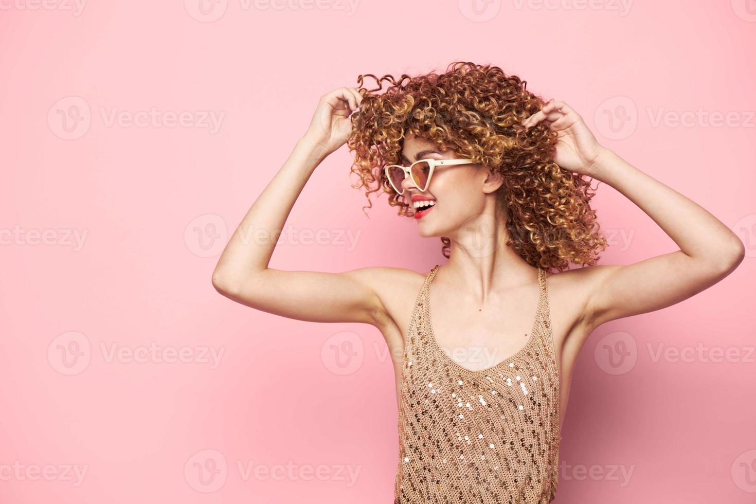 Lady curly hair Smile trendy glasses studio fun photo