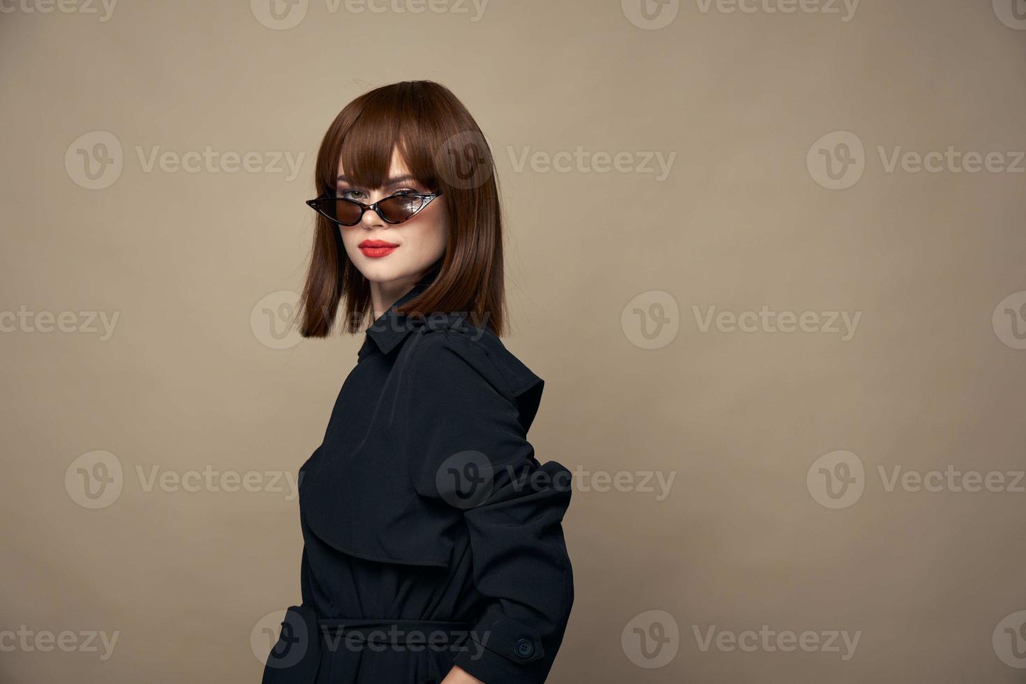 Pretty Woman black coat and red lips Copy Space dark glasses photo