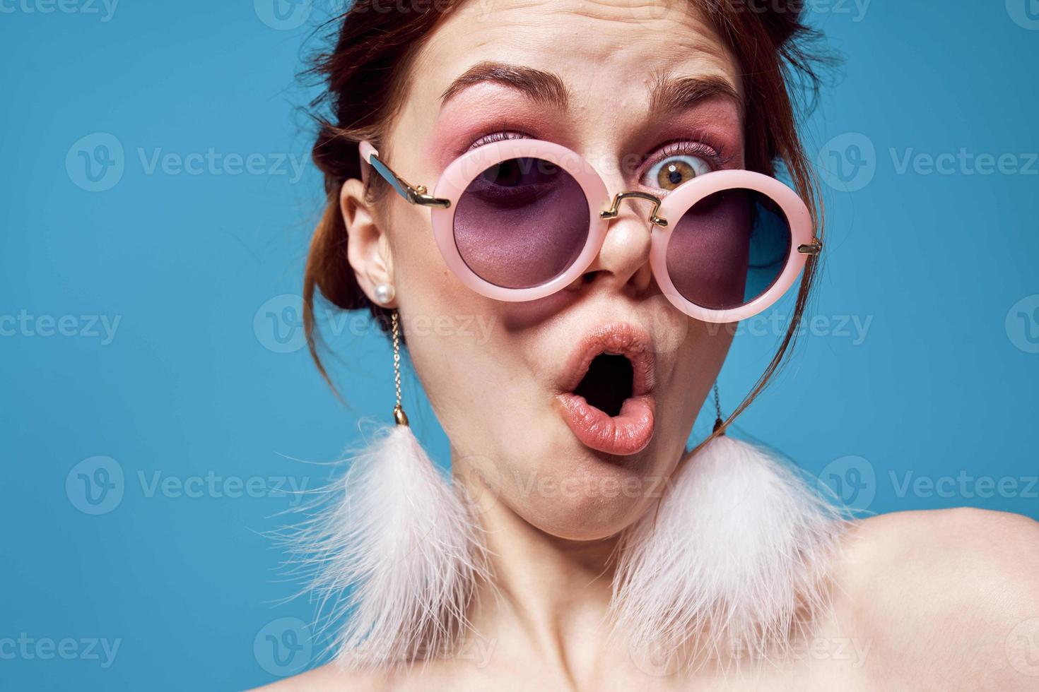 joyful woman naked shoulders emotions studio fashion posing photo