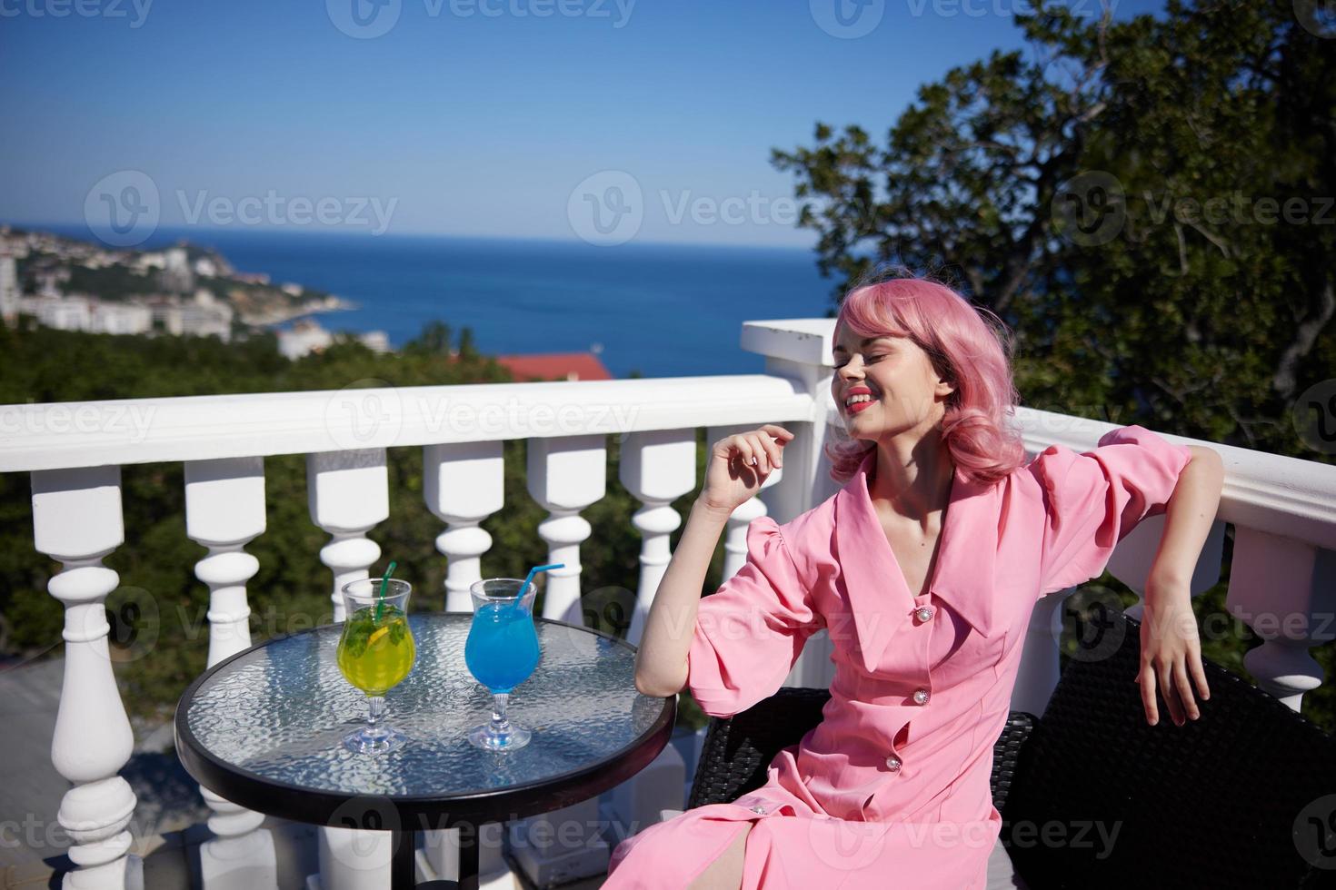 fashionable woman restaurant terrace landscape rest Happy female relaxing photo