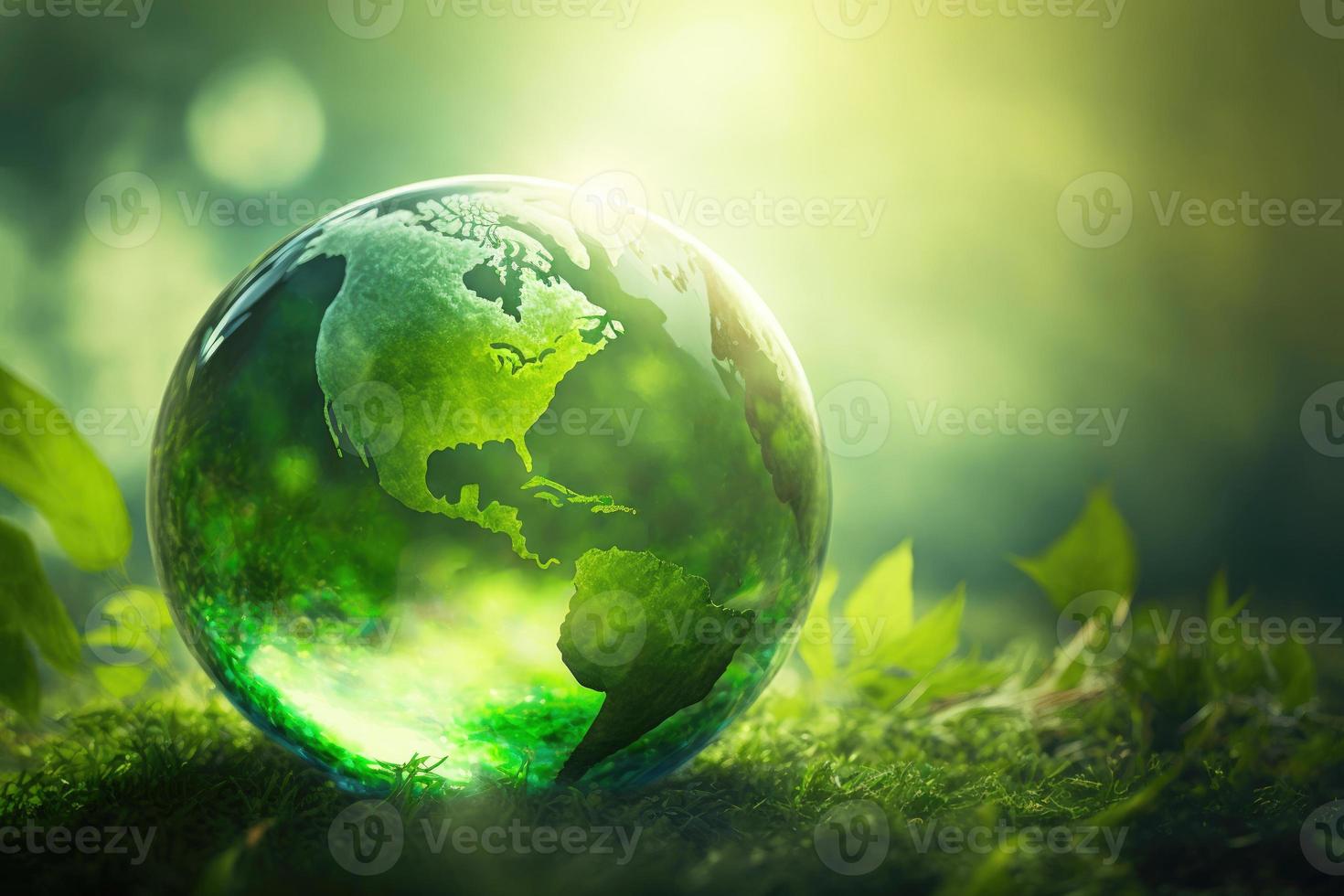 Green globe of planet earth in nature as Earth Day and environmental conservation and sustainability concept. Generative AI. photo