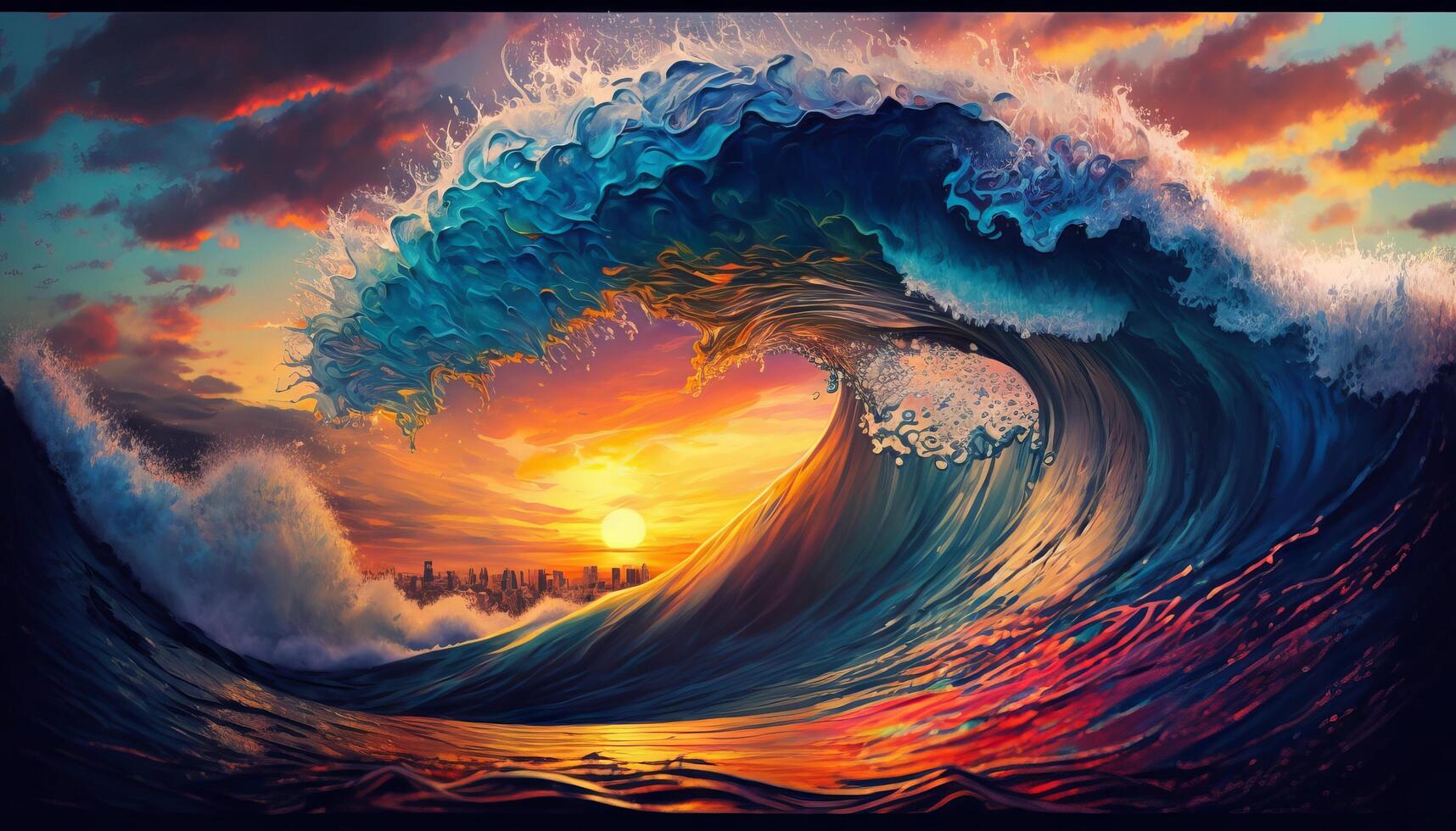 Colorful Ocean Wave. Sea water in crest shape. Sunset light and beautiful clouds on background. photo