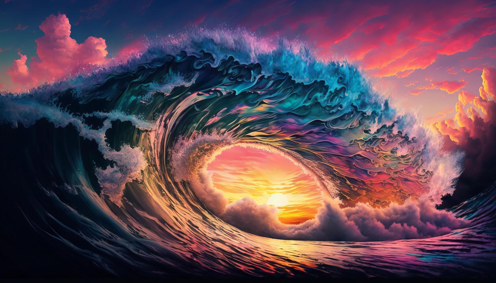 Colorful Ocean Wave. Sea water in crest shape. Sunset light and beautiful clouds on background. photo