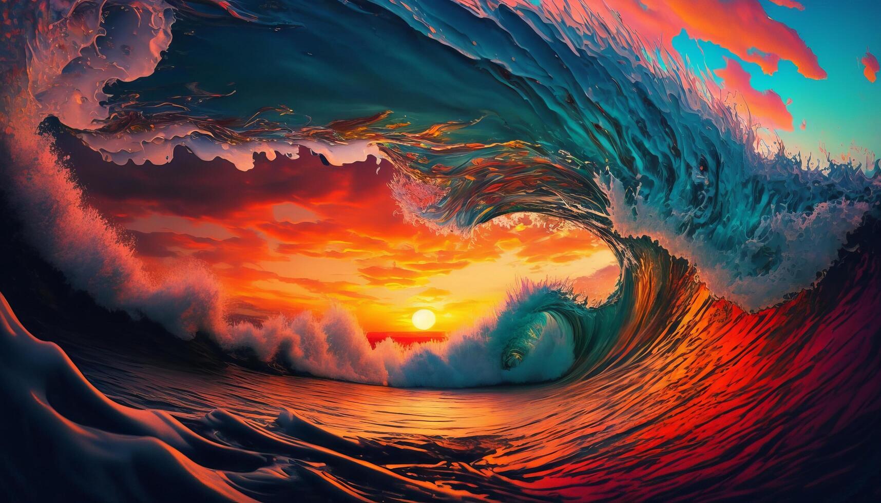 Colorful Ocean Wave. Sea water in crest shape. Sunset light and beautiful clouds on background. photo