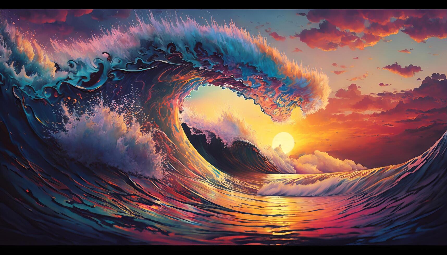 Colorful Ocean Wave. Sea water in crest shape. Sunset light and beautiful clouds on background. photo