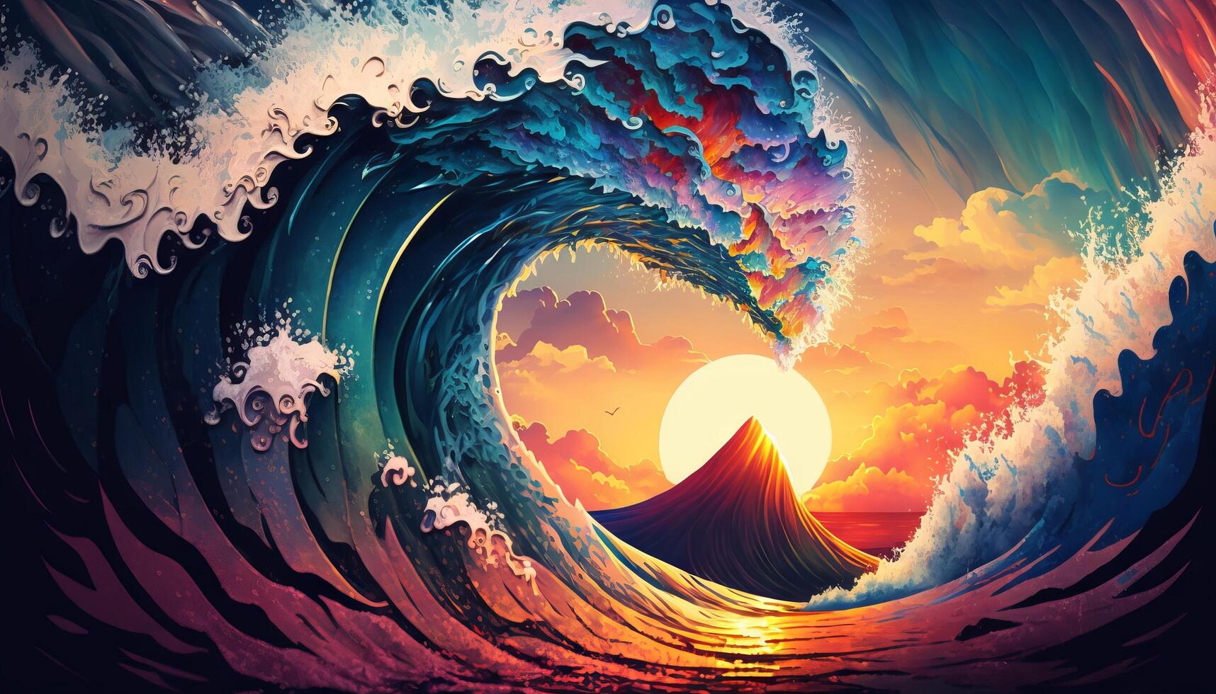 Colorful Ocean Wave. Sea water in crest shape. Sunset light and beautiful clouds on background. photo