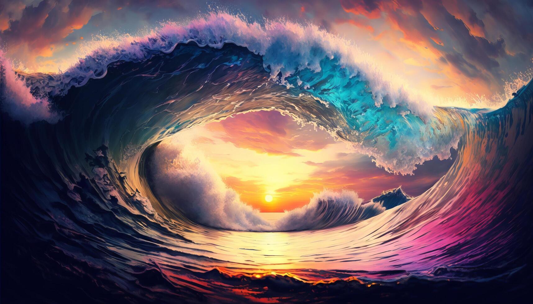 Colorful Ocean Wave. Sea water in crest shape. Sunset light and beautiful clouds on background. photo