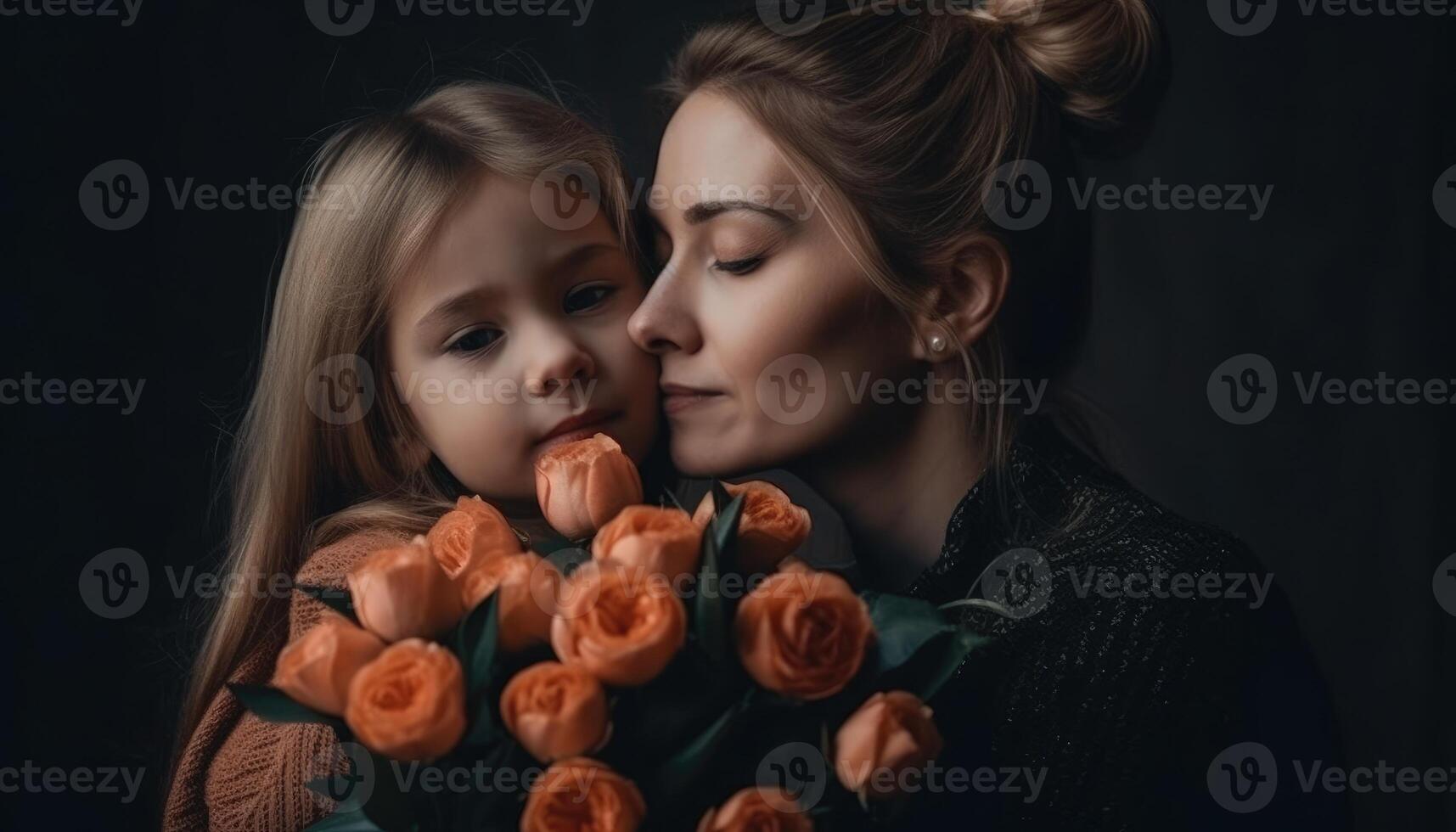 Little girl holding flowers, hugging her mother and celebrating mother's day. photo