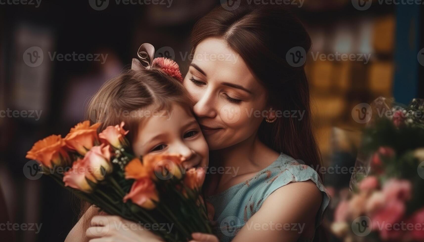 pequeño niña participación flores, abrazando su madre y celebrando de la madre día. generativo ai foto