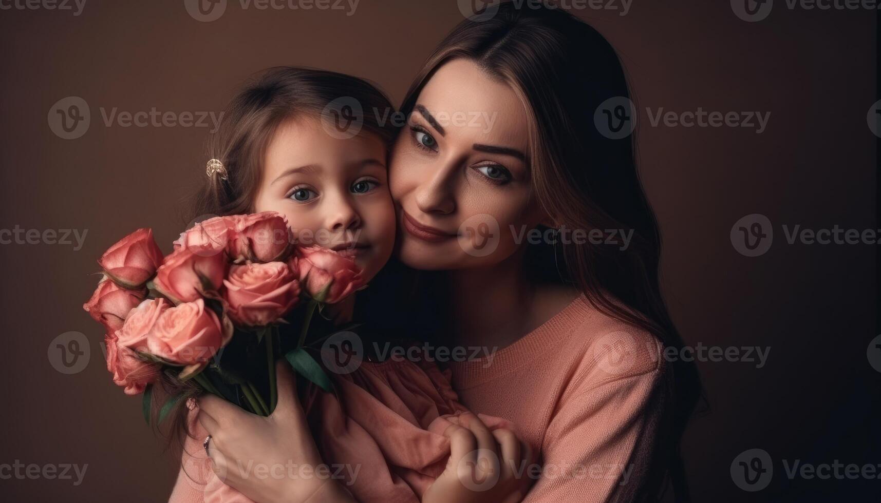 pequeño niña participación flores, abrazando su madre y celebrando de la madre día. generativo ai foto