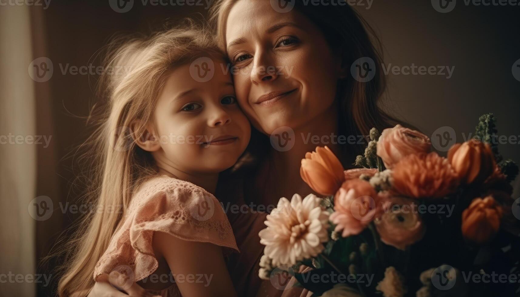 pequeño niña participación flores, abrazando su madre y celebrando de la madre día. generativo ai foto