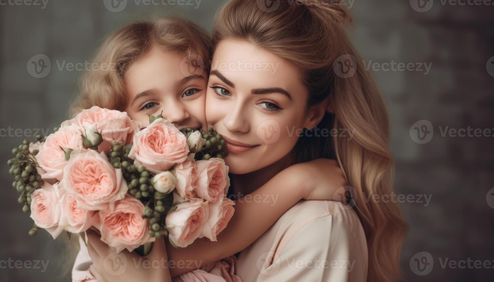 Little girl holding flowers, hugging her mother and celebrating mother