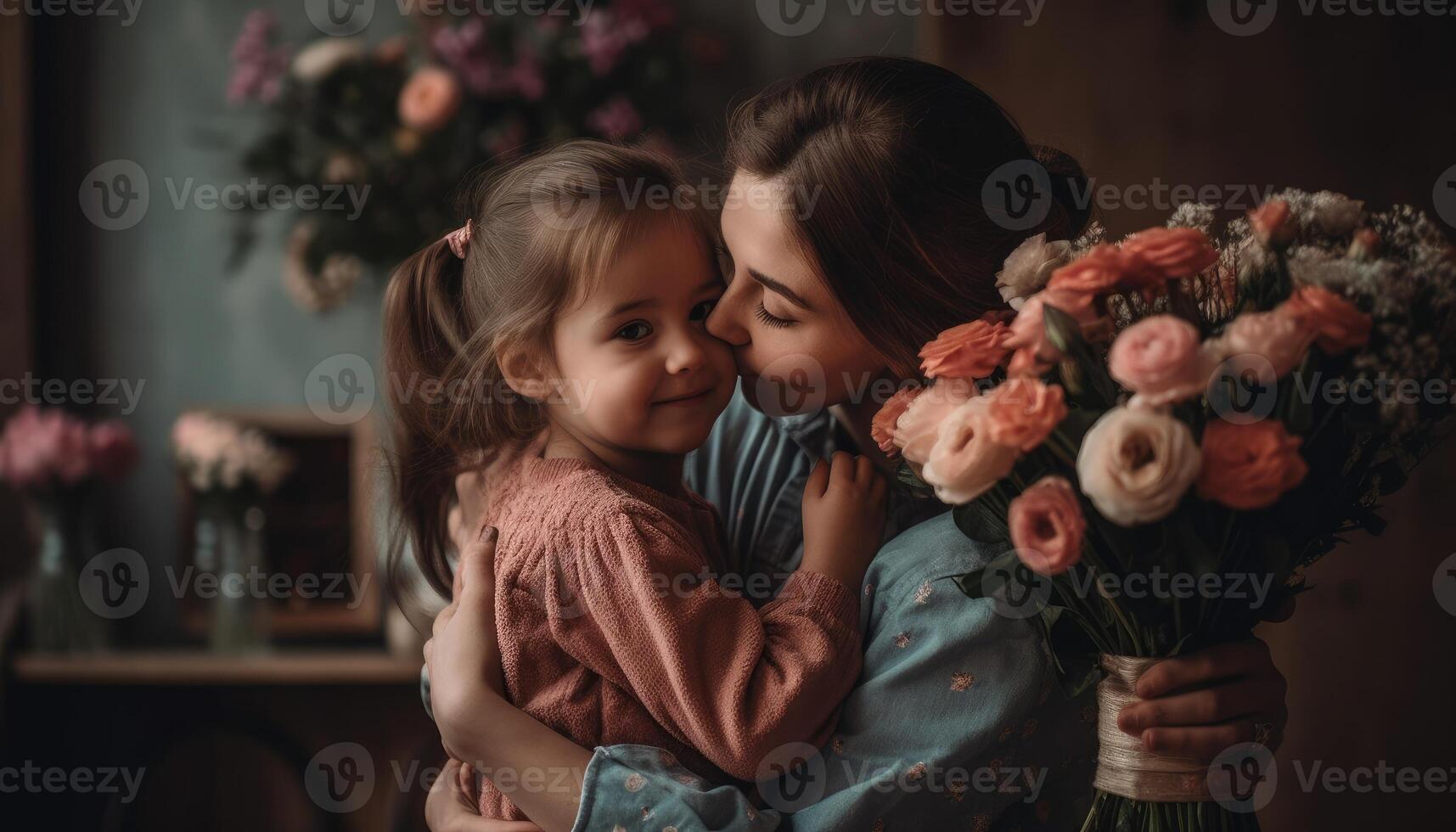 pequeño niña participación flores, abrazando su madre y celebrando de la madre día. generativo ai foto