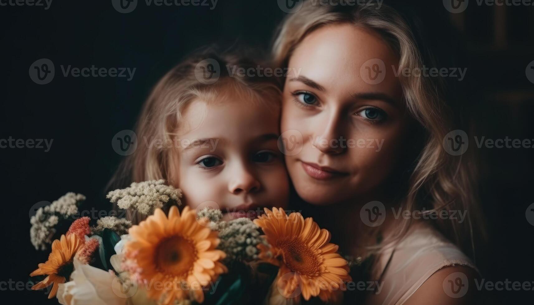 Little girl holding flowers, hugging her mother and celebrating mother's day. photo