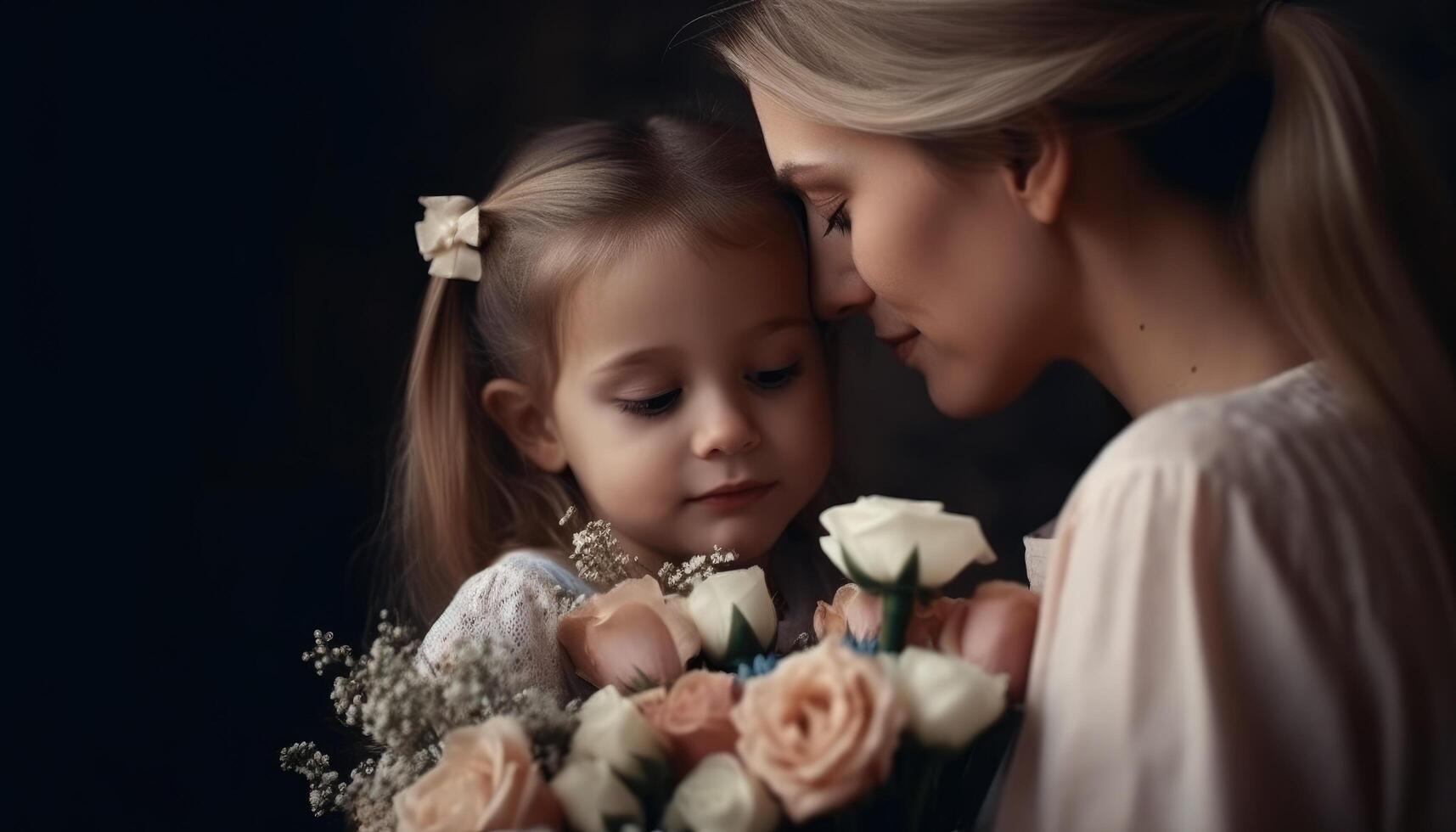 Little girl holding flowers, hugging her mother and celebrating mother's day. photo