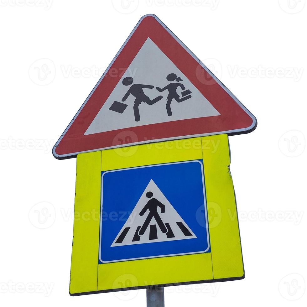 zebra crossing and school sign isolated over white photo