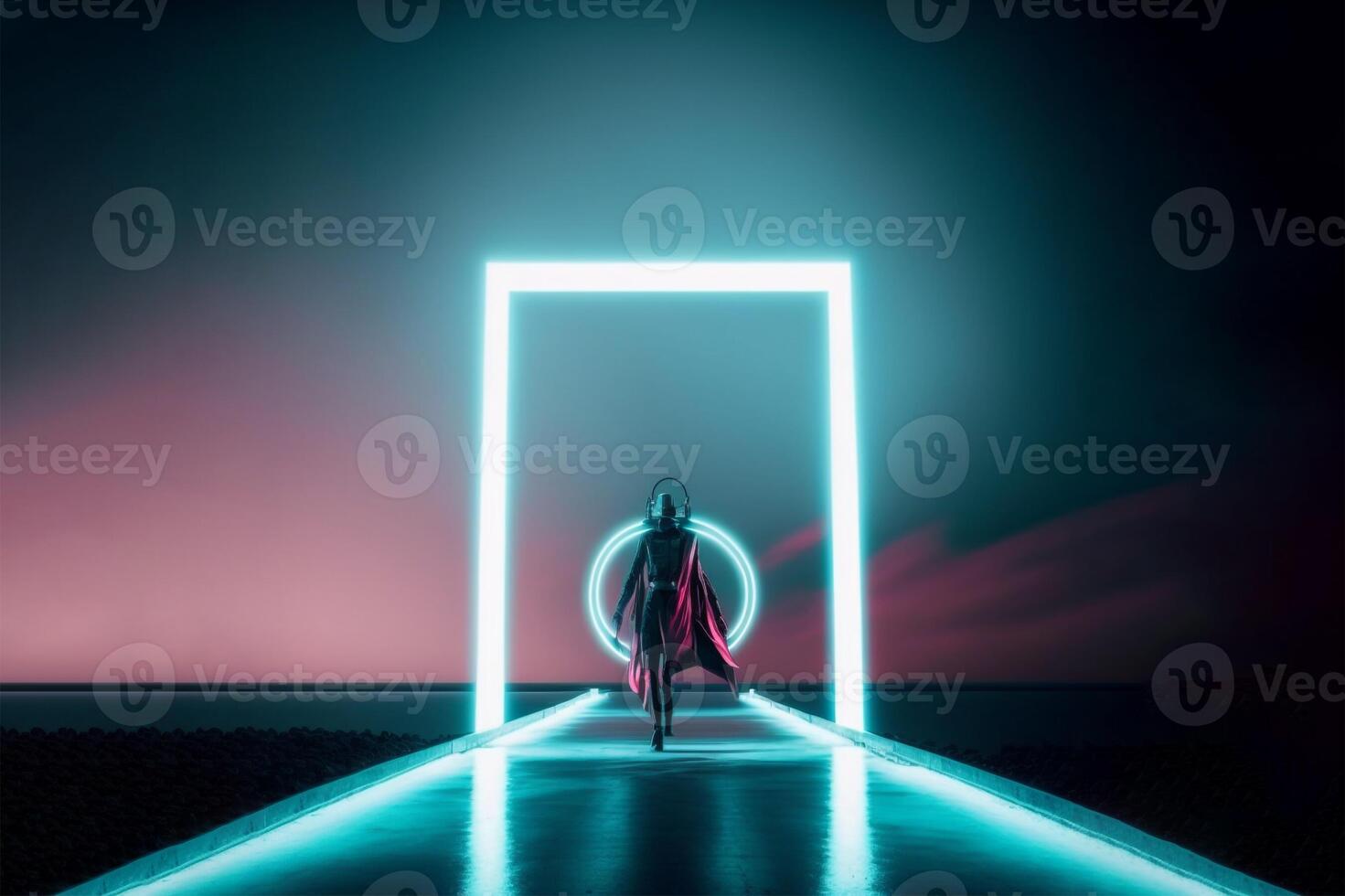 Astronaut in space standing behind neon frame. Blue space silhouette in retro style on light background. Space silhouette neon blue light. photo