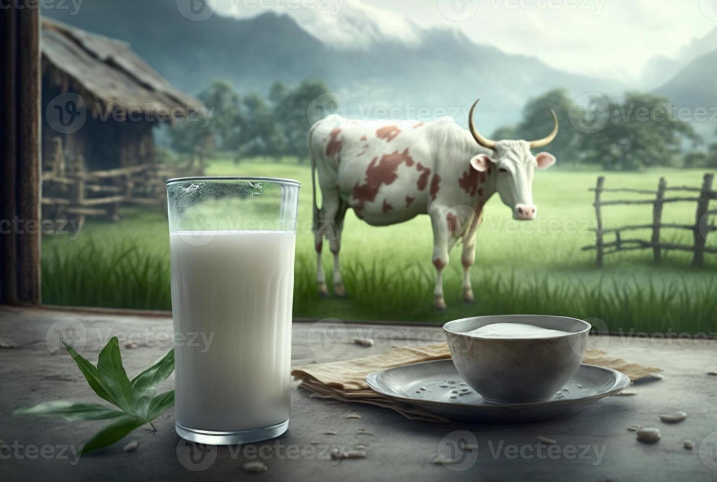 Glasses and fresh milk on a wooden table with cows on a meadow. photo