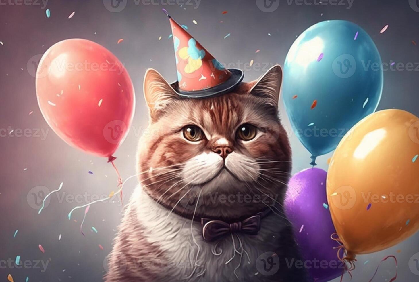 Illustration of a cute cat's birthday. With hat and balloon, photo