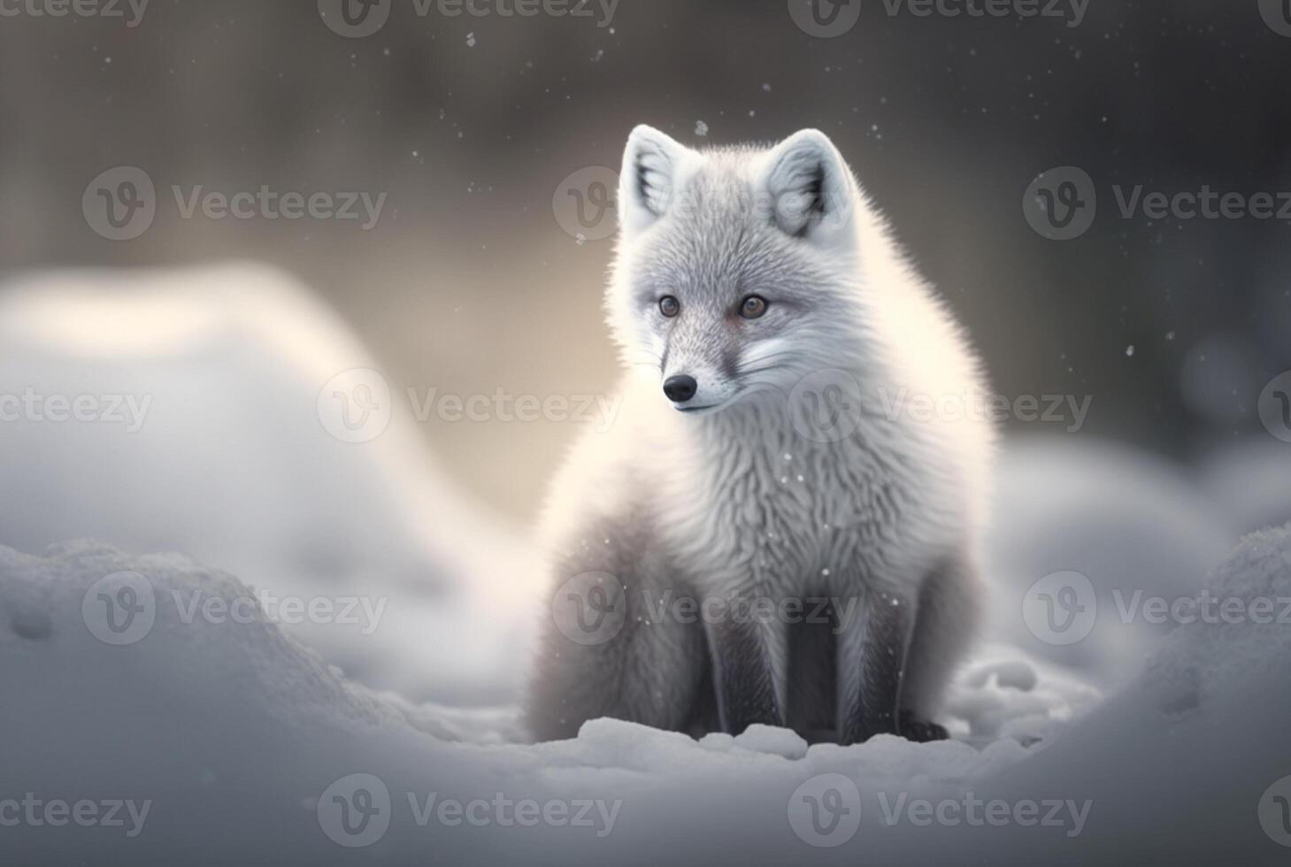 Arctic fox pup or Vulpes Lagopus in snow habitat, photo