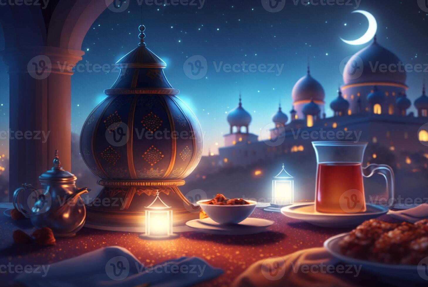 Festive ramadan kareem photo background with cup of tea and dates for iftar menu. illustration