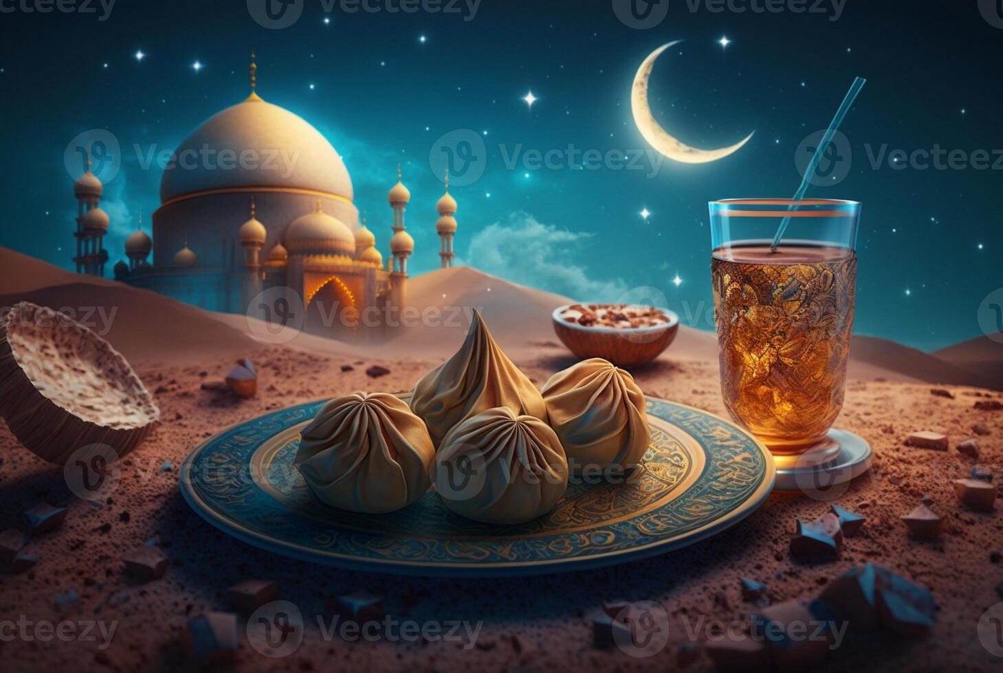 Festive ramadan kareem photo background with cup of tea and dates for iftar menu. illustration