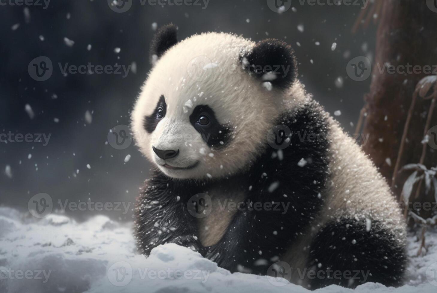 Cute Panda baby playing in snow winter, photo