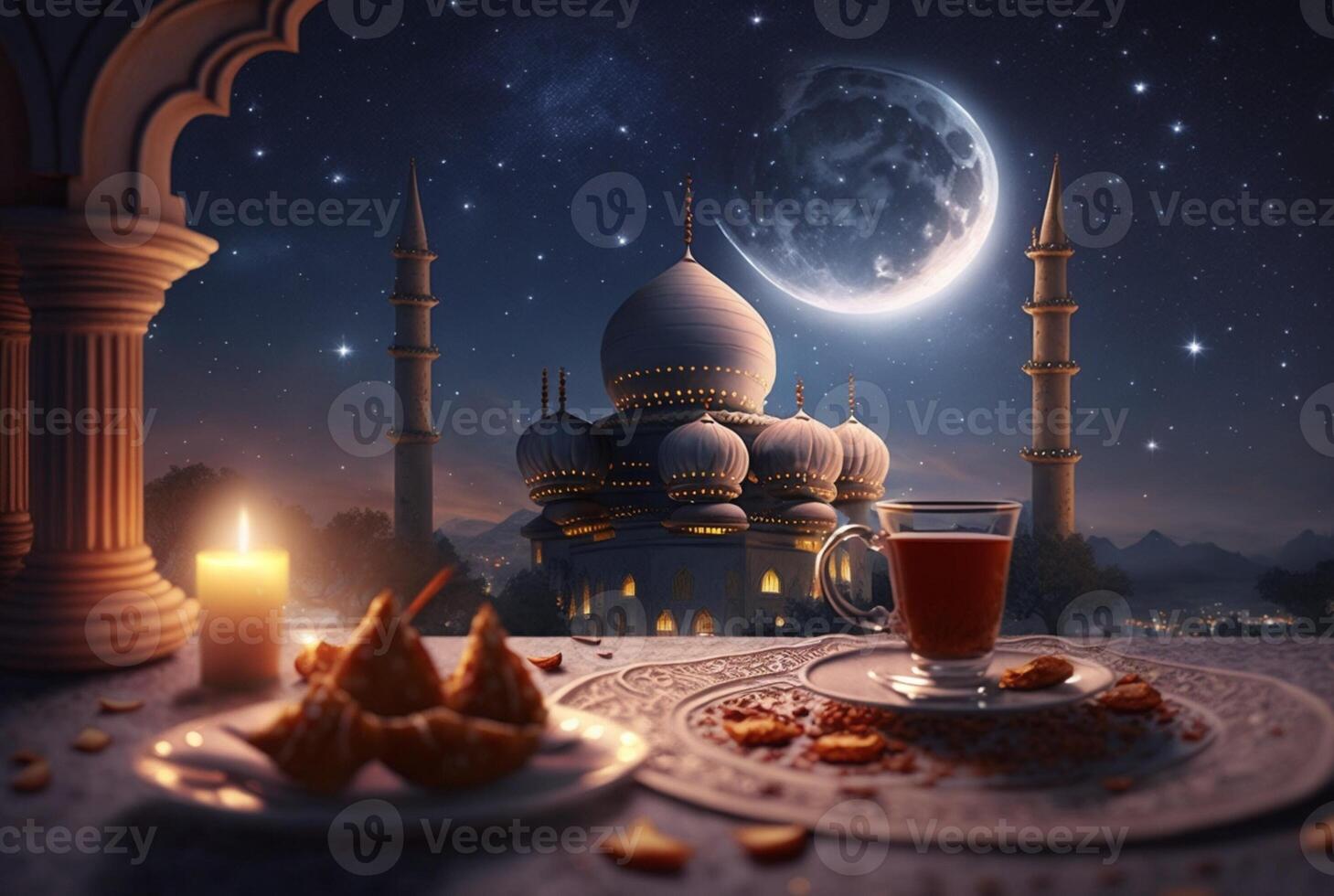 Festive ramadan kareem photo background with cup of tea and dates for iftar menu. illustration