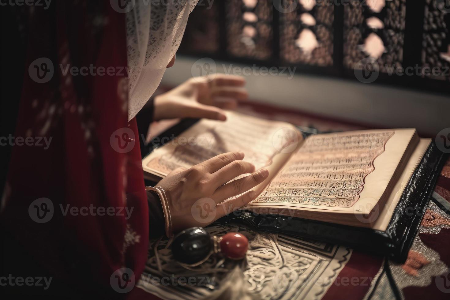 Muslim girl reading the holy book Quran on a prayer rug. A Muslim girl with a covered face and the Quran, the holy book of Islam. Ramadan prayer concept illustration with prayer beads. photo