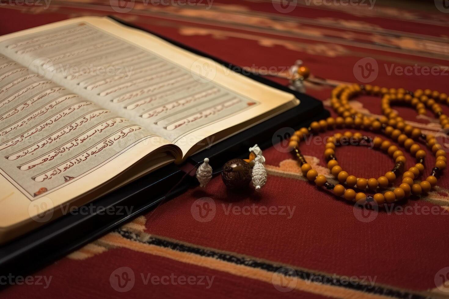 Muslim prayer and recitation elements illustration. Religious education and recitation concept. Islamic holy book of the Quran opened on a rug with prayer beads. . photo