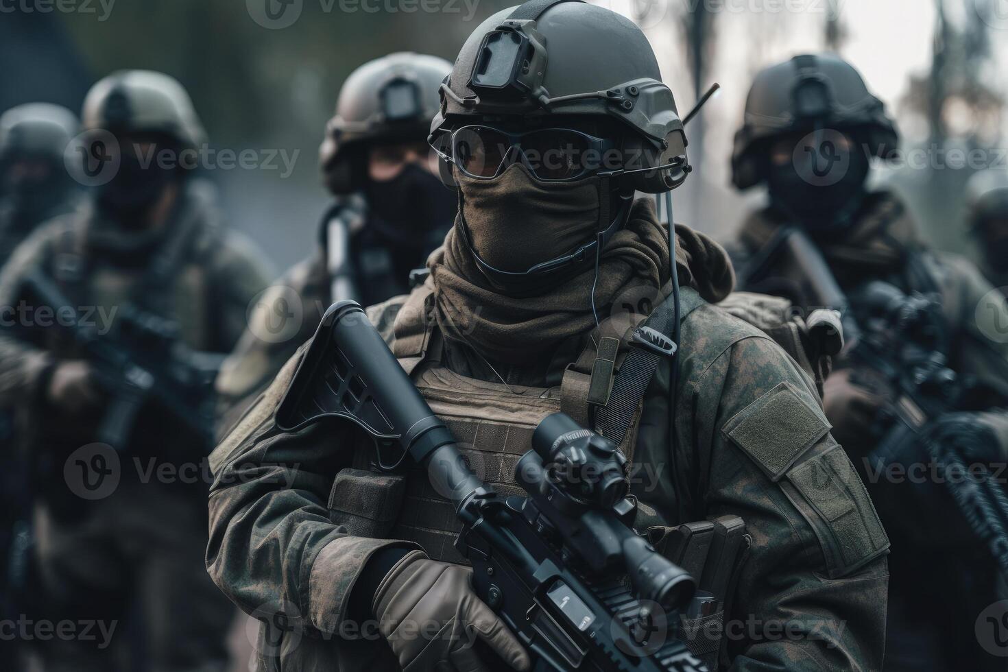 Armed military infantry formation with tactical gear and assault rifles. Realistic Army special force and military unit with blurred background. Elite special force on warzone. . photo