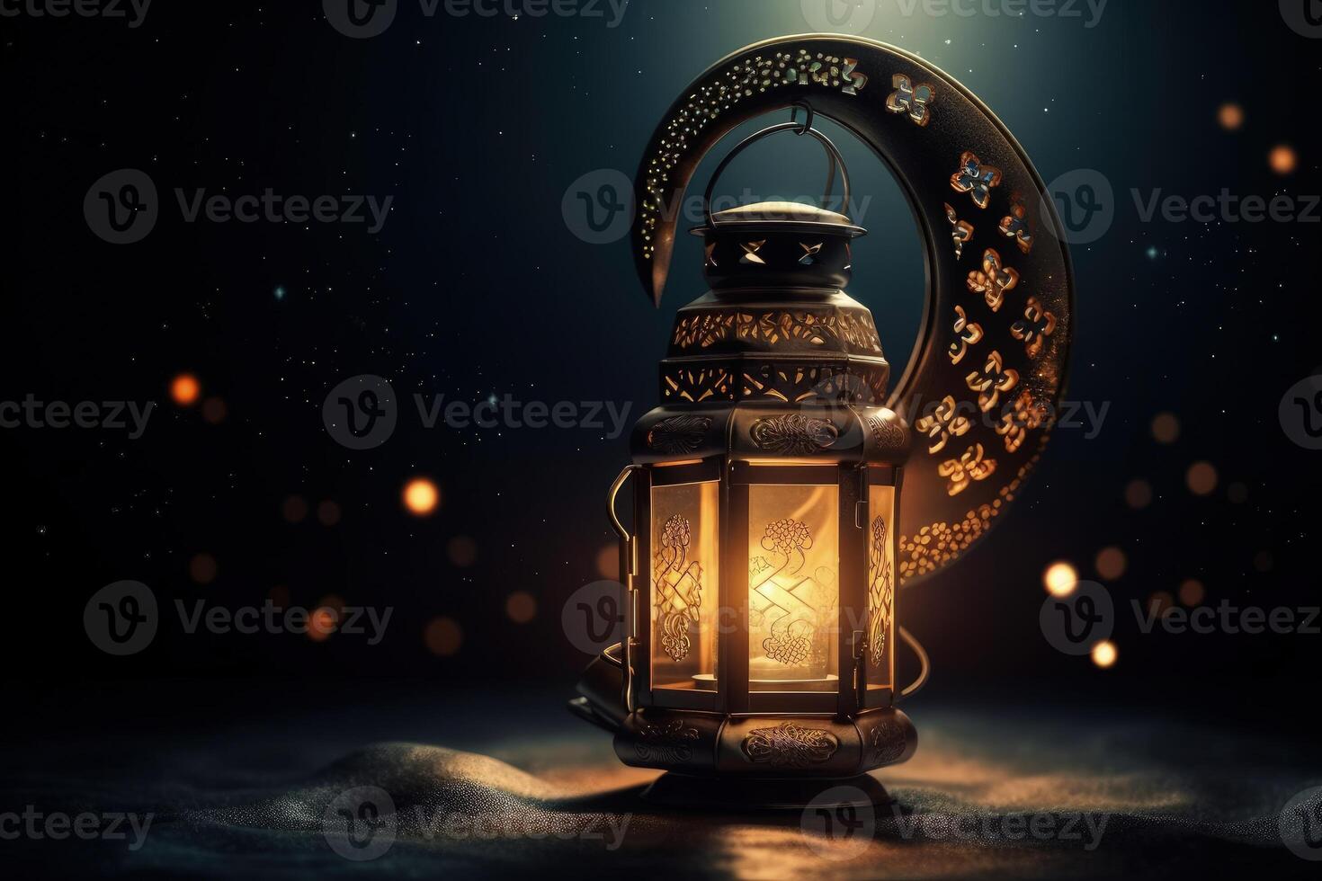 Beautiful Arabian lamp on the sand with a golden crescent on a dark background full of stars. Arabian lantern with a burning candle inside and a curved moon shape. Islamic illustration. . photo