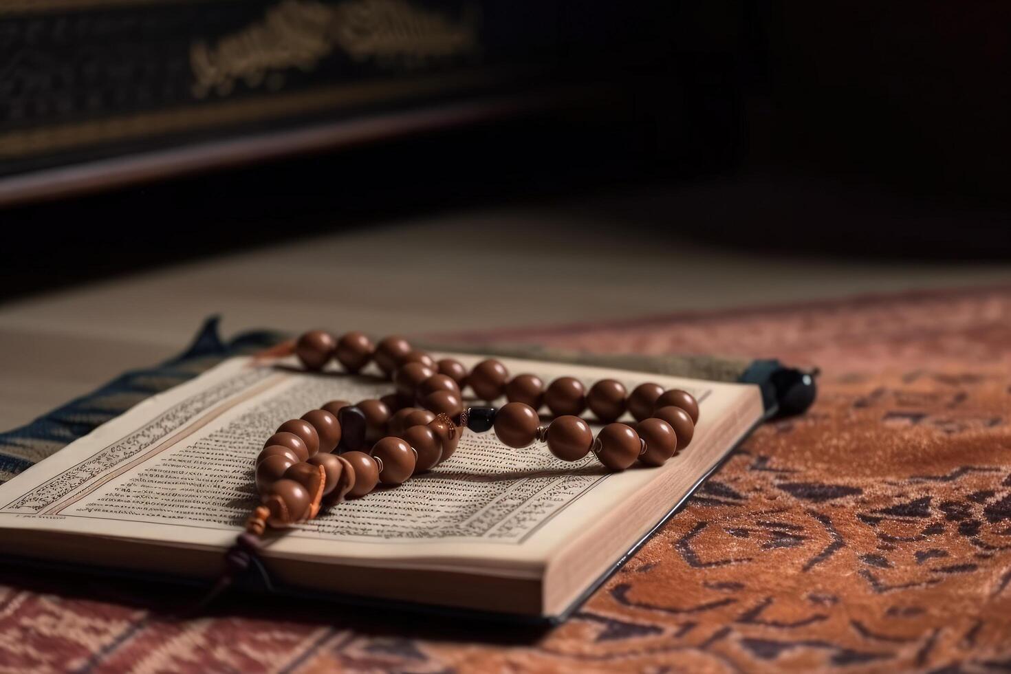 The holy book Quran with prayer beads on the top of it. Muslim recitation and prayer place illustration. Quran opened on a prayer rug with Arabic designs. Islamic prayer concept. . photo