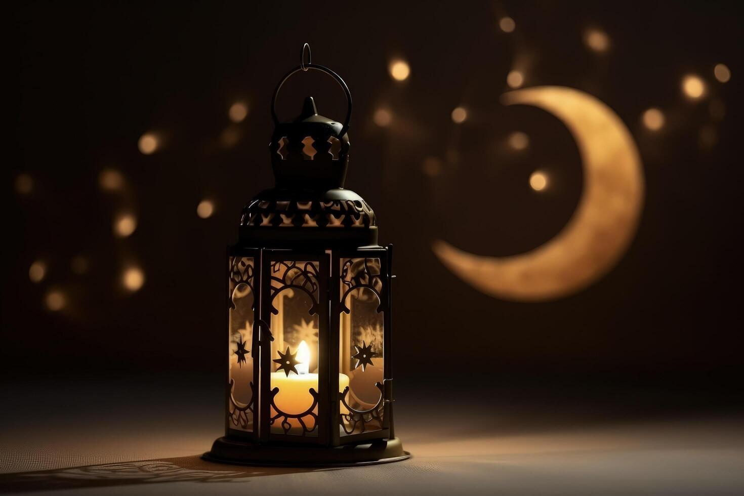 Arab-style lantern with a burning candle inside. Beautiful Arabian lamp on a blurry night background with a moon crescent and bokeh effect. Islamic holy night illustration with a lamp. . photo