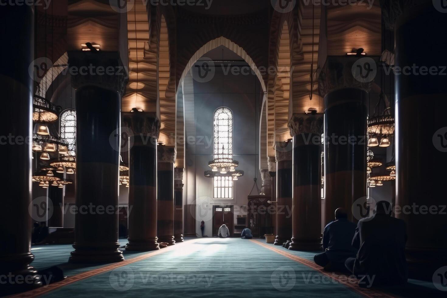 Islamic mosque realistic illustration with huge ceiling rose lights. Arabian architecture with huge pillars and prayer rugs. Pious people are praying inside a beautiful huge mosque. . photo