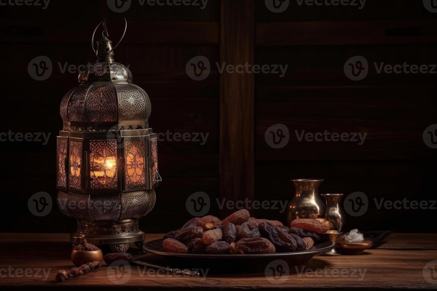 Beautiful Arabian-style lantern beside a date bowl. Islamic festival Ramadan iftar and fruit illustration. Cultural food and religious events illustration. Ripe dates on a wooden plate. . photo