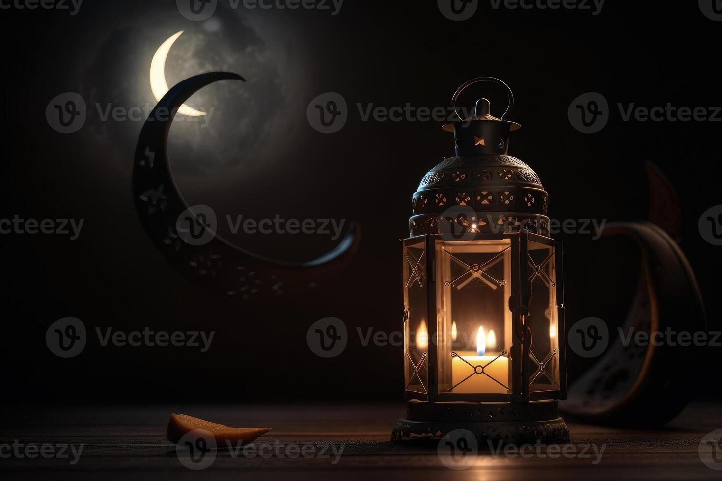 Candle burning inside a beautiful lantern at night time. Arabian-style lamp illustration with a blurry background and moon crescent. Islamic culture illustration on a dark background. . photo