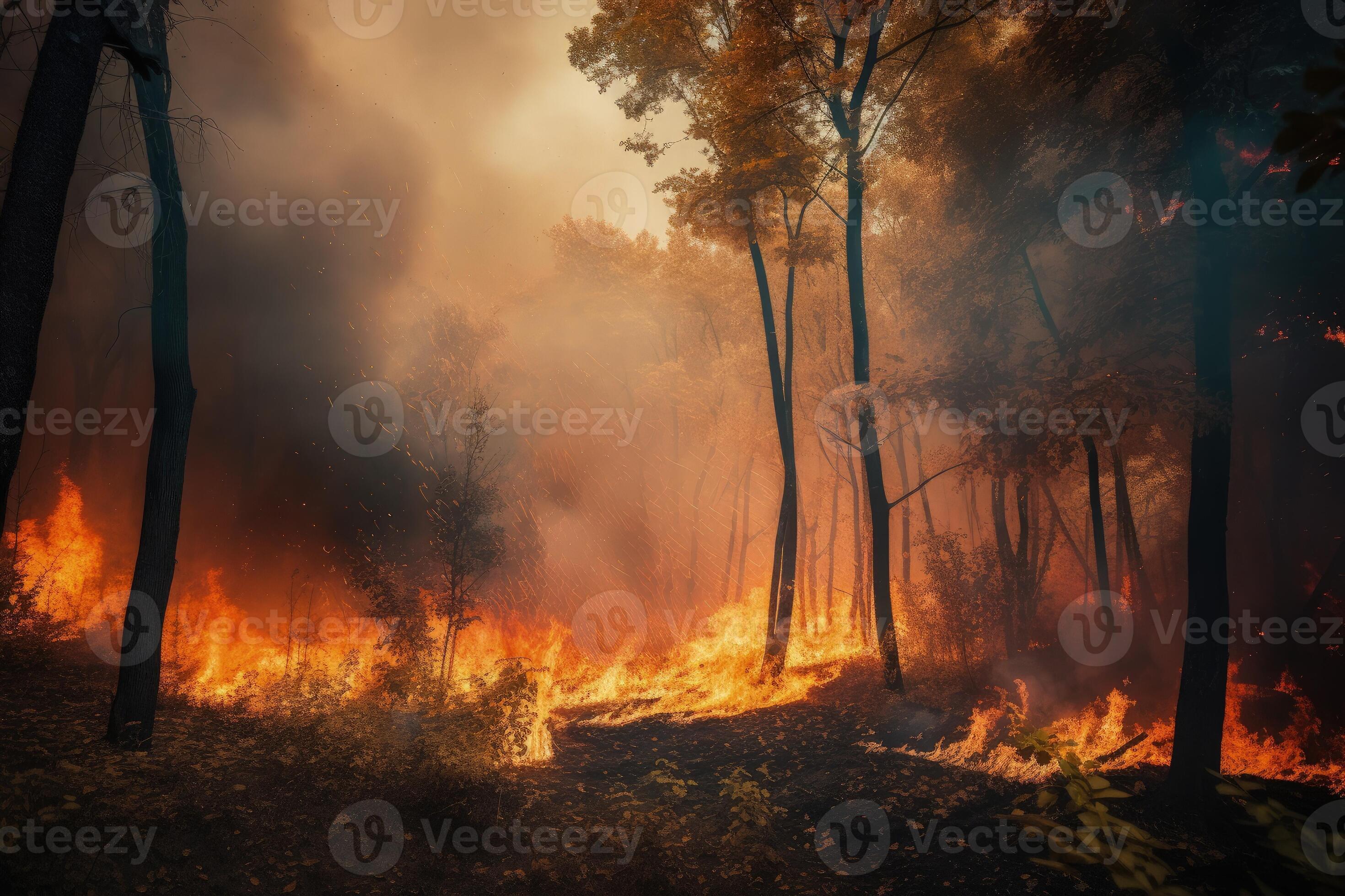 Wildfire in a forest with smoke and flame sparkle. Trees on fire in a