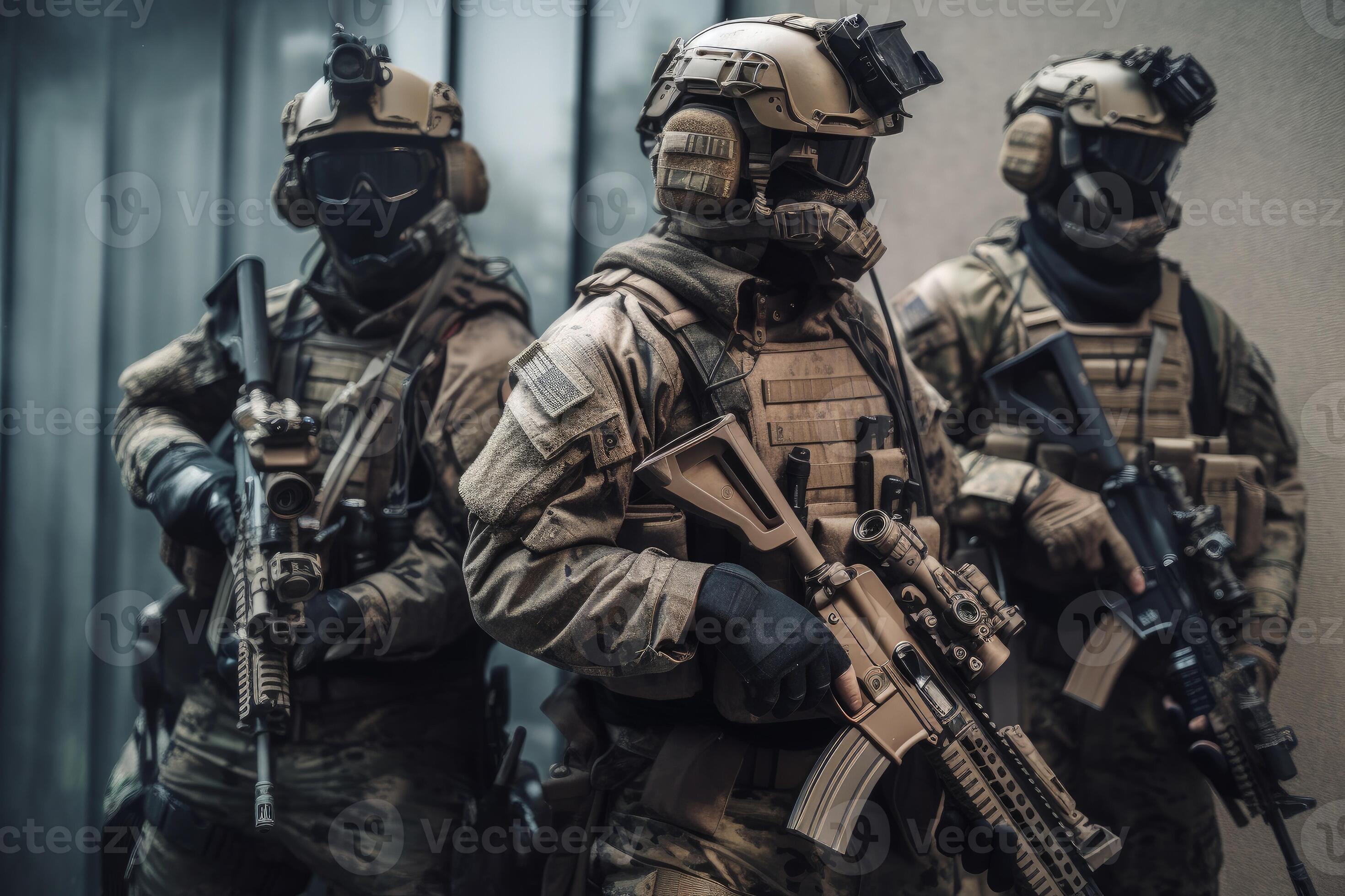 A military special force with futuristic tactical gear and weapons. Modern  warfare infantry troops with assault rifles and bulletproof vests.  Futuristic army force with tactical helmets. Generative AI 22262935 Stock  Photo at