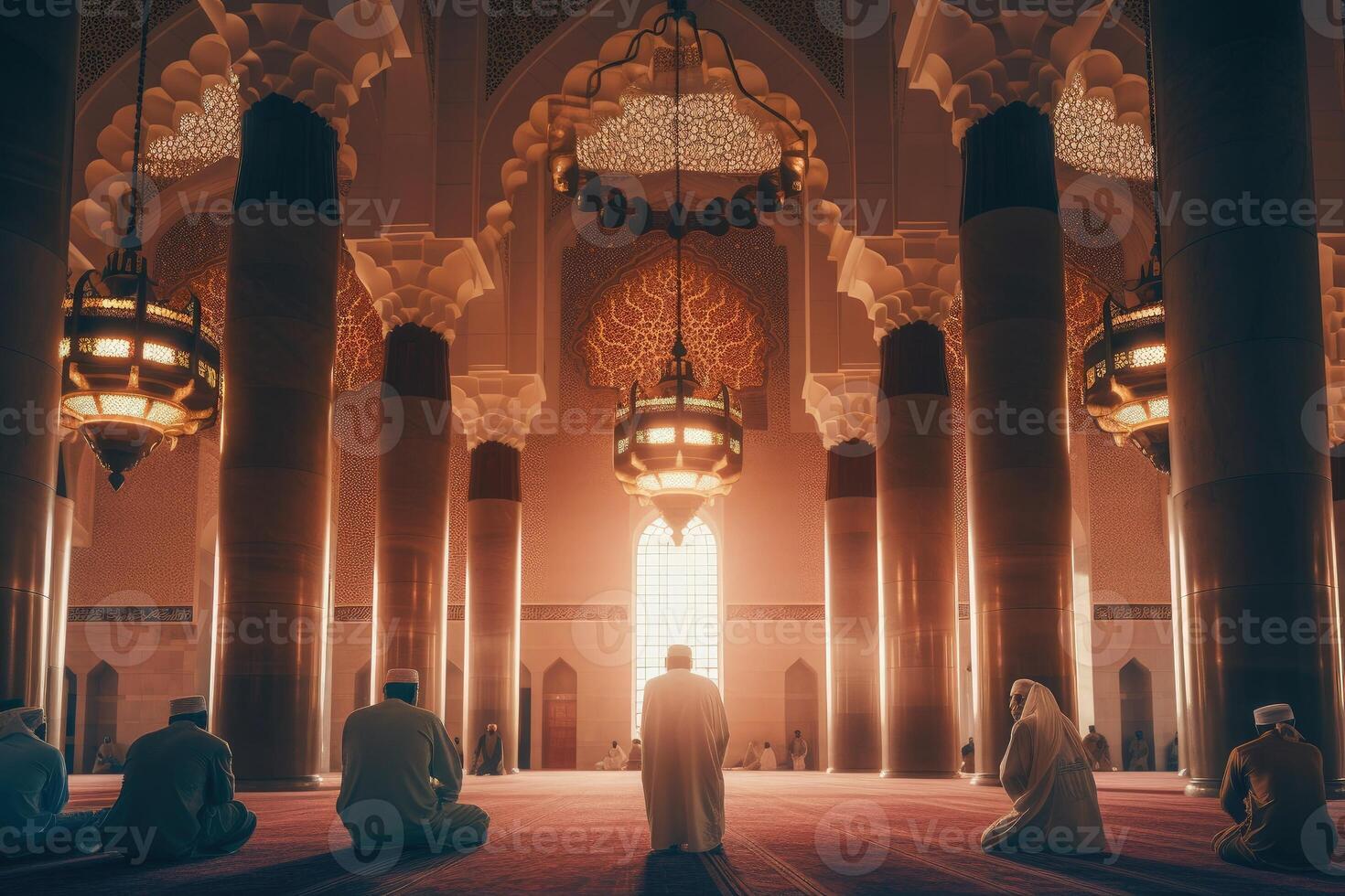 Huge Islamic architecture illustration with pious people praying inside. Rear view of Muslims praying inside a huge mosque. Beautiful mosque with Arabian-style decoration. . photo