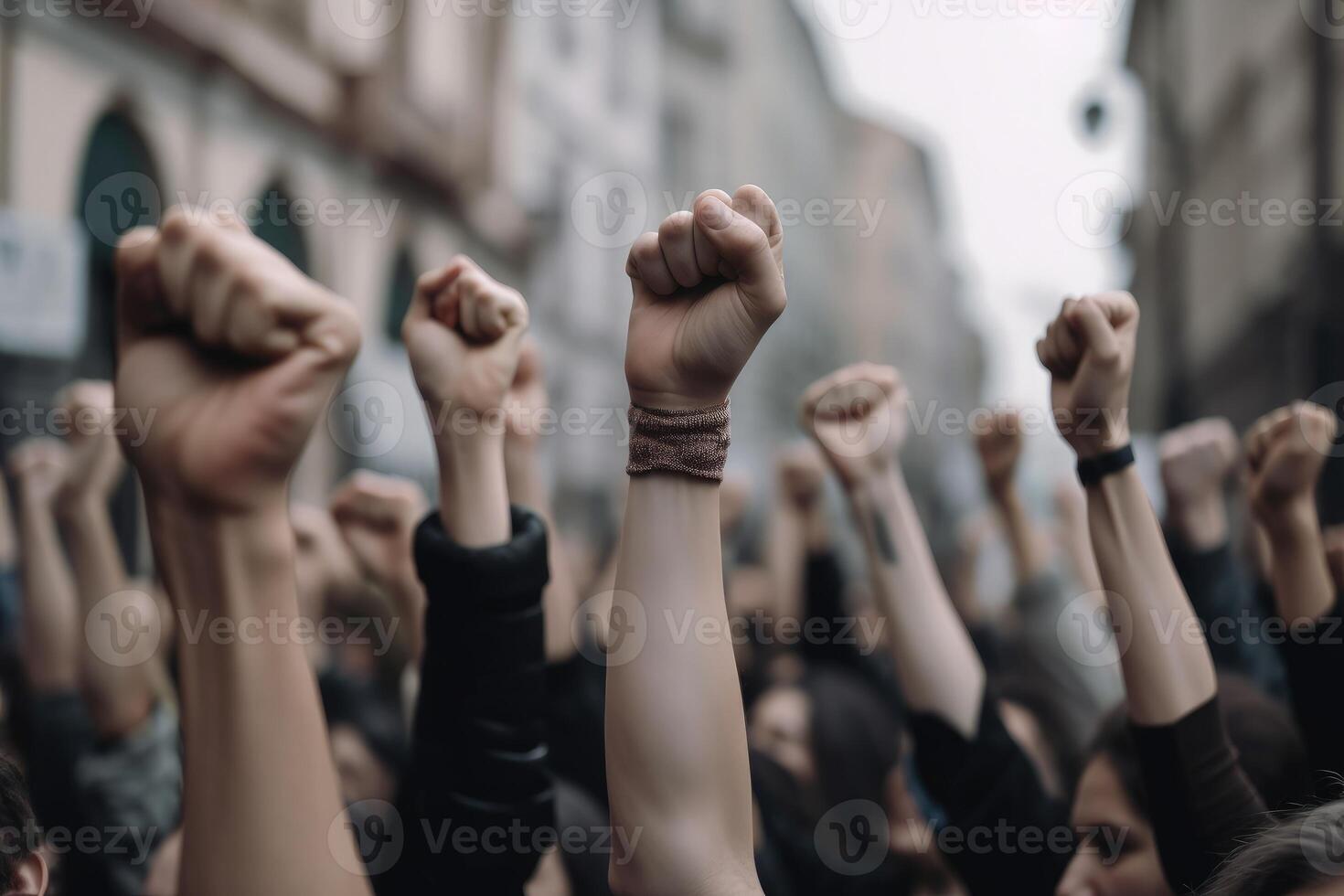 Protesters raising their fist and shouting in a blurry cityscape background. Human movement and protest concept with realistic fists. Human protesting in a city by raising their fists. . photo