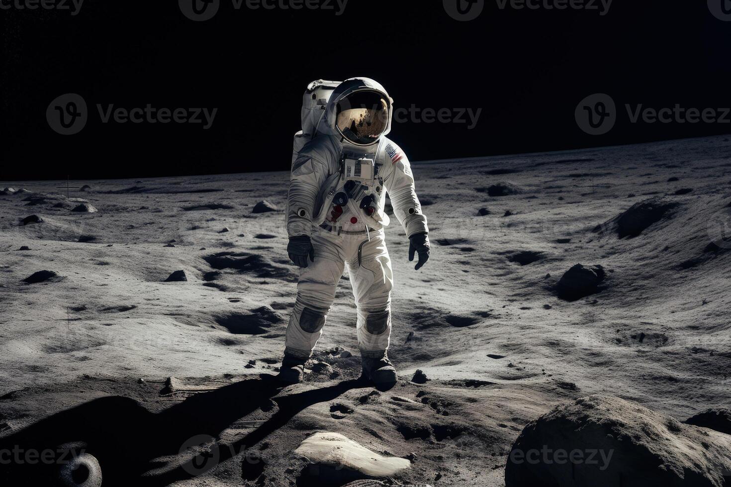 Astronaut wearing a space suit in outer space. An Astronaut walking on the moon's surface with a dark background. Astronomy concept with a space traveler wearing a spacesuit. . photo