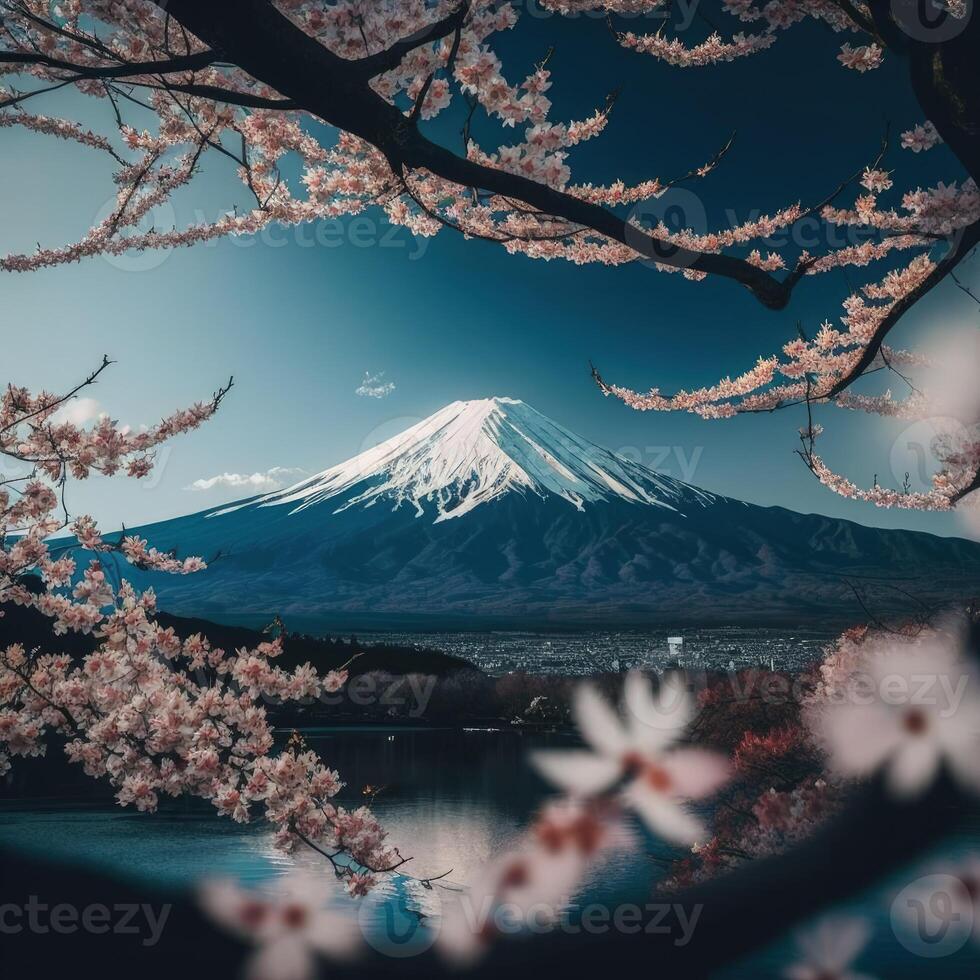 Japanese cherry blossom with mount Fuji on the background. Realistic cherry blossom sakura flower branch with beautiful lake and mountain view. Pink cherry blossom and mount Fuji. . photo
