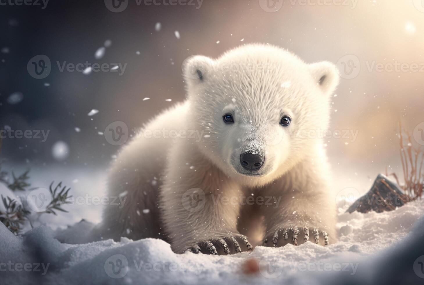 Cute baby polar bear in snow winter. photo
