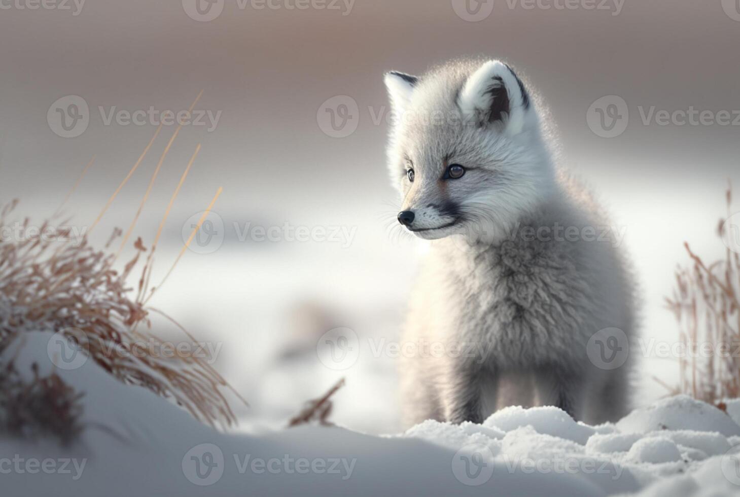 ártico zorro cachorro o vulpes lagopus en nieve hábitat, generativo ai foto