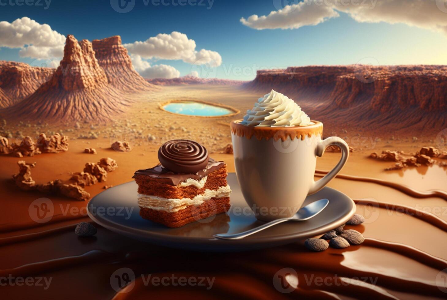 Cup of tea with dessert on beautiful landscape background. photo