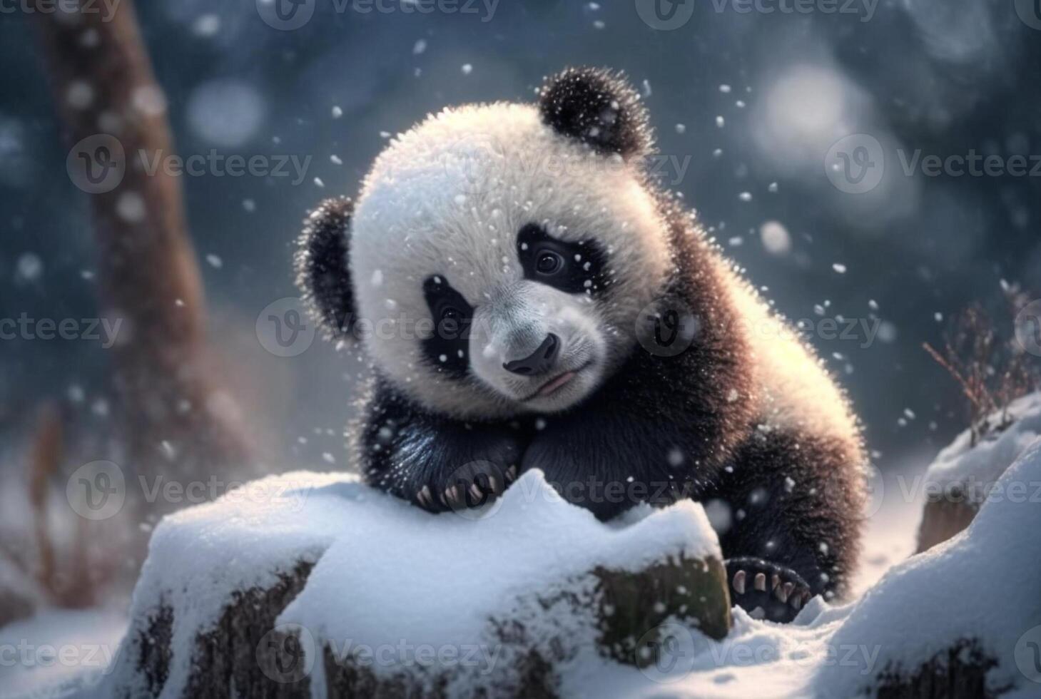 linda panda bebé jugando en nieve invierno, generativo ai foto