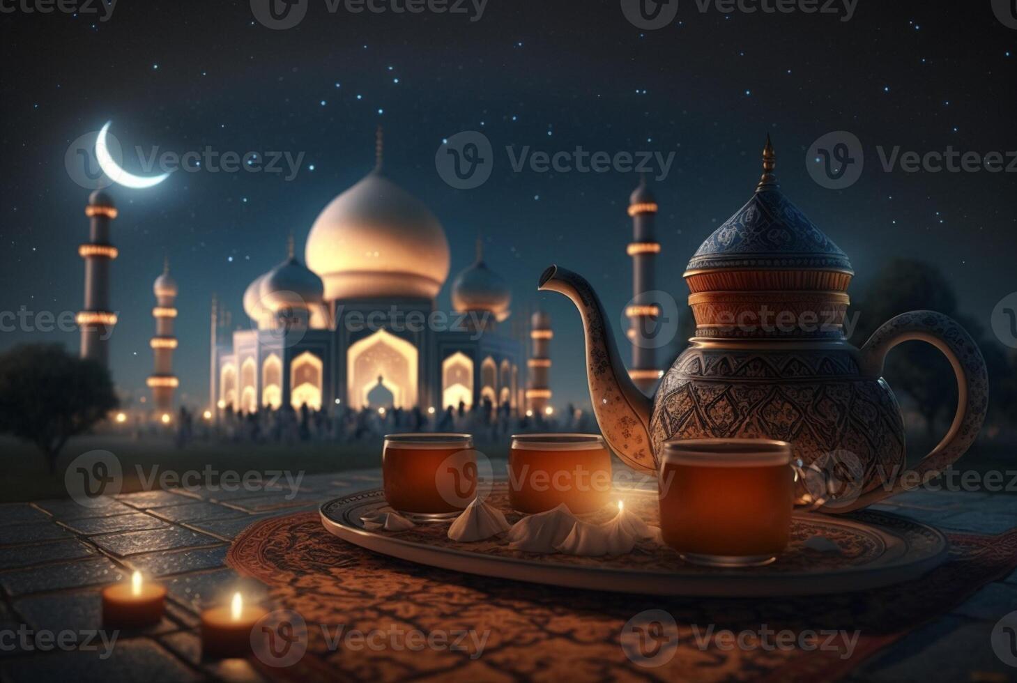 Festive ramadan kareem photo background with cup of tea and dates for iftar menu. illustration